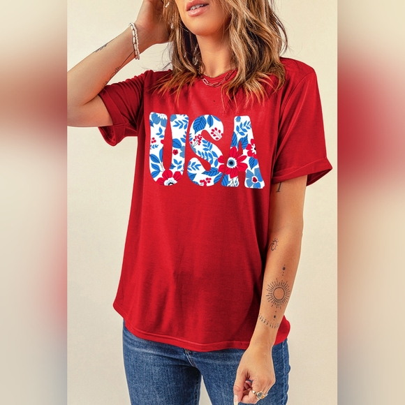 USA American Graphic Shirt Floral Patriotic Womens Top Lightweight Short Sleeve - Picture 9 of 14